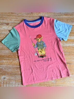 Polo Ralph Lauren Boys Polo Bear Fishing Tee M 10-12 Color Block Pink Cotton